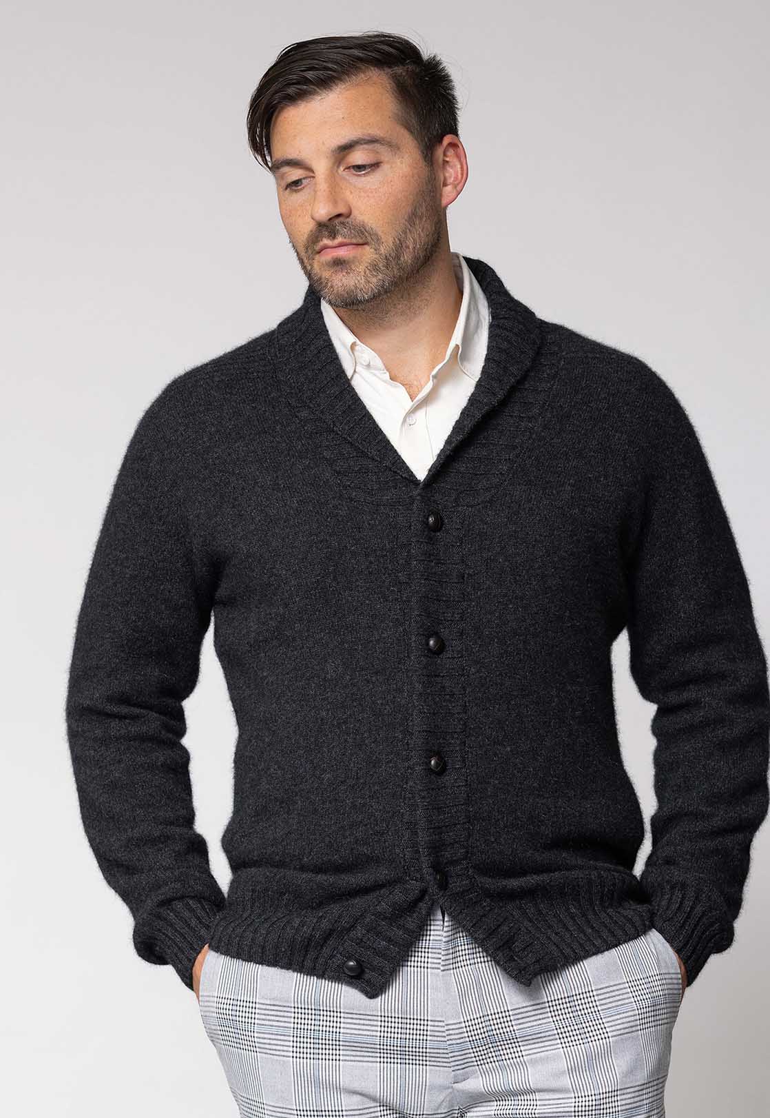 Men's Merino Possum Shawl Collar Cardigan in Charcoal | Red Kado